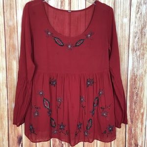 Free People Beaded Floral Peasant Top Medium Sheer Boho Babydoll Blouse